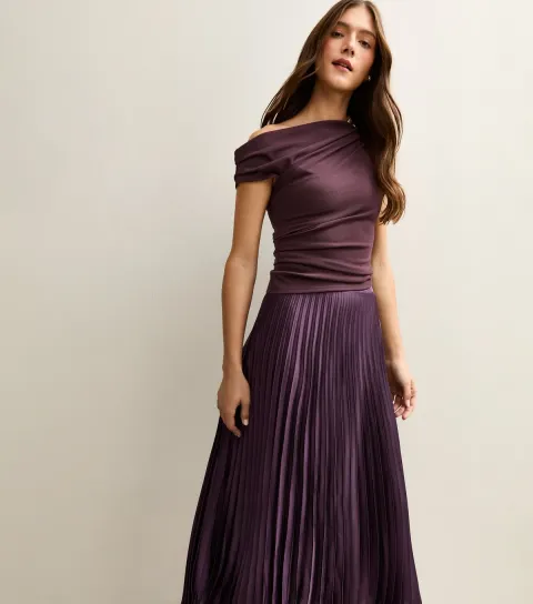 Women's Dark Burgundy Satin Pleated Midi Skirt