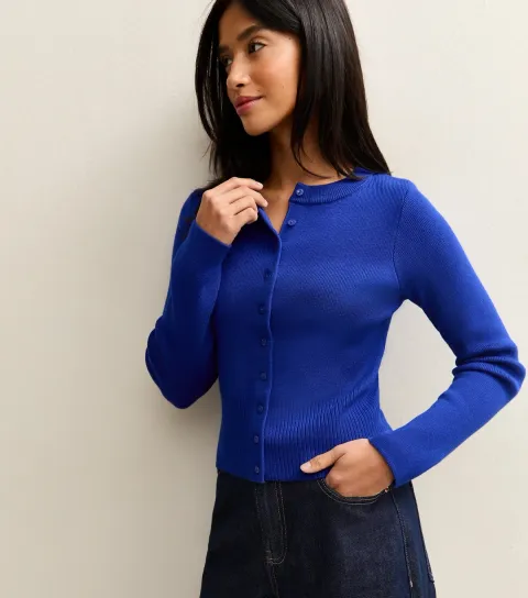 Women's Petite Bright Blue Compact Knit Crew Neck Cardigan