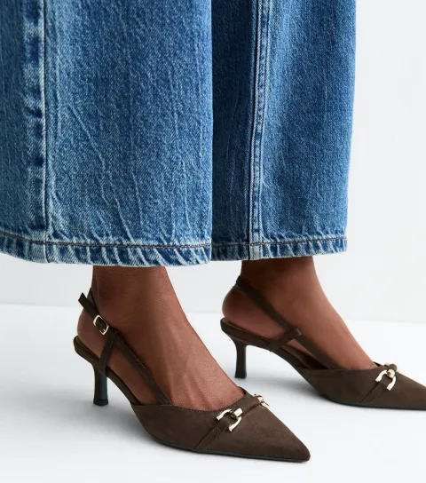 Women's Dark Brown Faux Suede Horsebit Detail Slingback Pumps Vegan