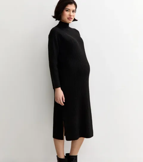 Women's Maternity Black Rib High Neck Midi Dress