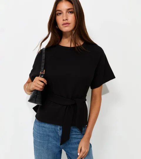 Women's Black Soft Touch Tie Front Short Sleeve T-Shirt