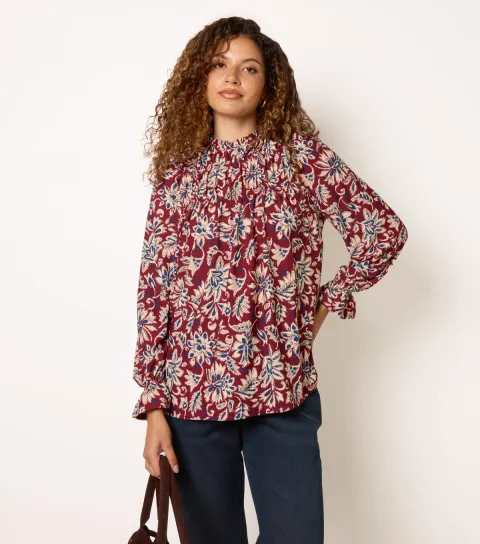 Women's Burgundy Frill Neck Smock Neck Long Sleeve Top