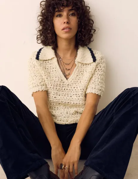 Per Una Textured Collared Short Sleeve Knitted Polo With Wool Cream Mix