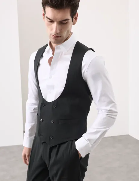 Autograph Italian Performance Linen Blend Double Breasted Waistcoat Black