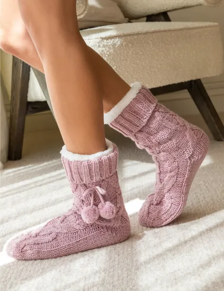 Pour Moi Cable Knit Slipper Socks Pink