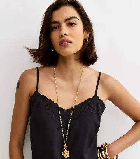 Women's Black Embroidered Strappy Cami Top