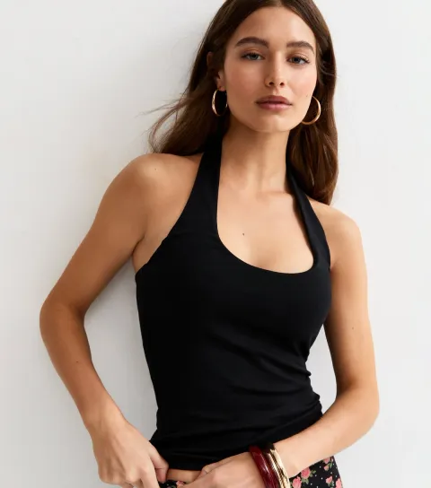 Women's Black Ribbed Halter Neck Vest Top