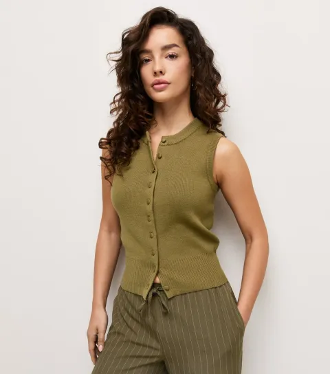 Women's Petite Light Khaki Compact Sleeveless Covered Button Waistcoat