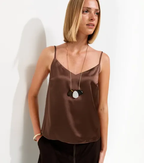 Women's Dark Brown Satin V-Neck Cami Top