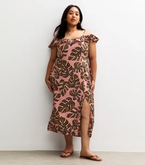 Women's Plus Size Brown Leaf Print Midi Dress Curves
