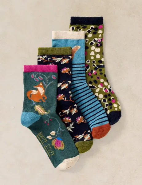 White Stuff 4 Pack Cotton Rich Garden Animal Socks Green Mix