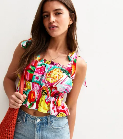 Women's Pink Tropical Fruit Print Tie Strap Crop Shirred Top
