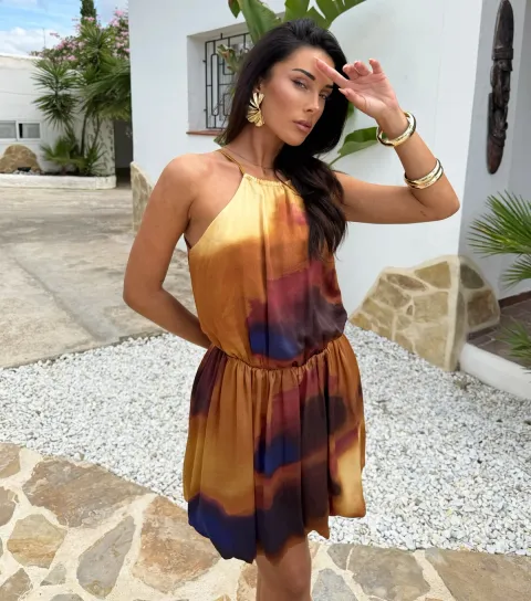 Women's Brown Smudge Print Bubble Hem Mini Dress