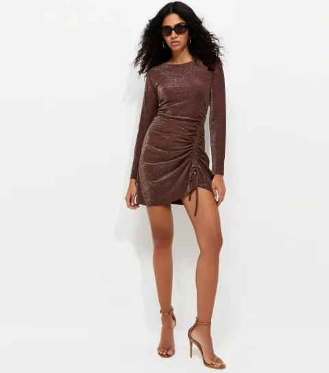 Women's Dark Brown Shimmer Ruched Dress