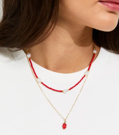 New Look Gold Tone Dark Pink 2 Layer Strawberry Charm Necklace