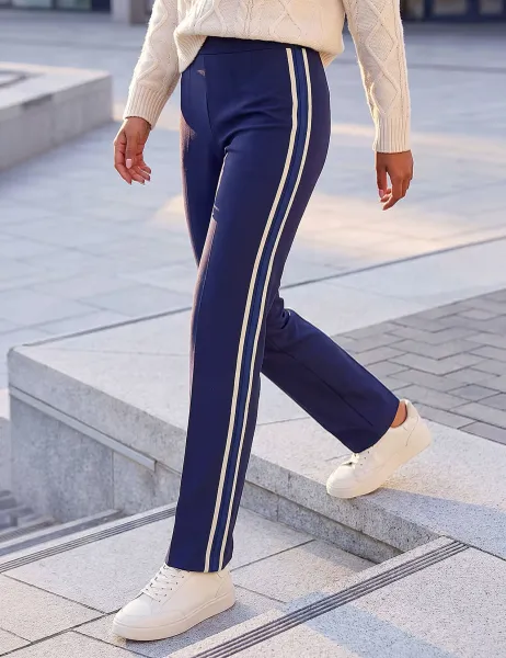 Roman Petite Ponte Side Stripe Trousers with Stretch Navy
