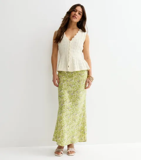 Women's Petite Green Floral Print Bias Cut Midi Skirt