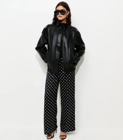 Women's Black Polka Dot Satin Wide Leg Trousers