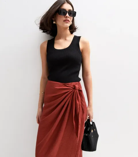 Women's Dark Red Crinkled Sarong Midi Skirt
