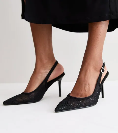 New Look Women's Black Floral Lace Slingback Pumps Vegan