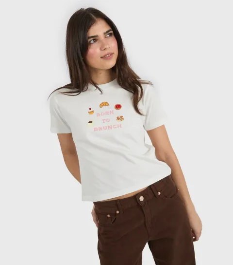 Women's White Born To Brunch Baby Tee T-Shirt