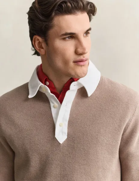 Gant Merino Wool Blend Knitted Rugby Shirt Taupe