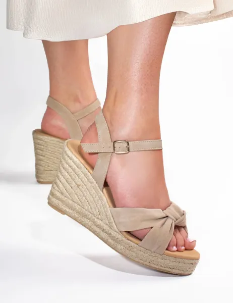 Jones Bootmaker Suede Knot Ankle Strap Wedge Espadrilles Sand