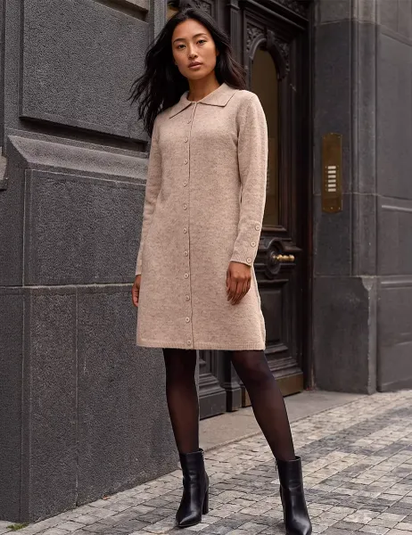 Roman Petite Knitted Collared Knee Length Shift Dress Stone