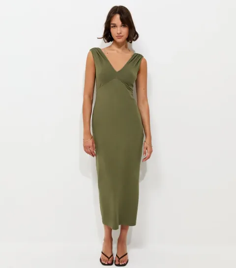 Women's Dark Khaki Ruched Shoulder Sleeveless V-Neck Midi Dress