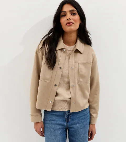New Look Women's Stone Faux Suede Boxy Shacket