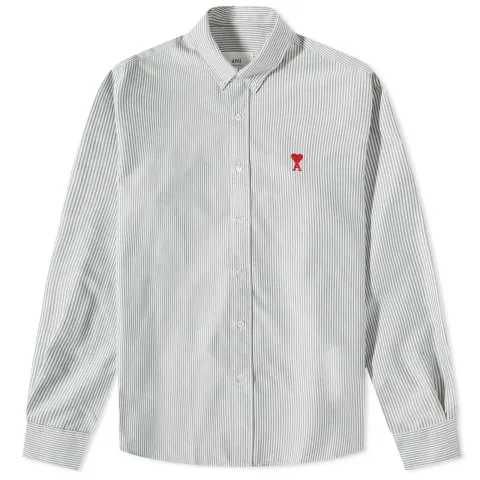 AMI Heart Striped Button Down Oxford Shirt
