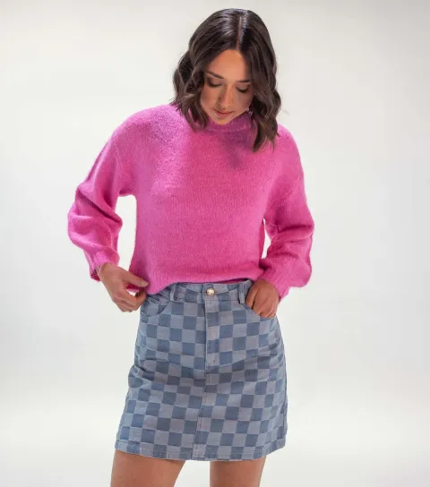 Women's Light Blue Check Chambray Mini Skirt