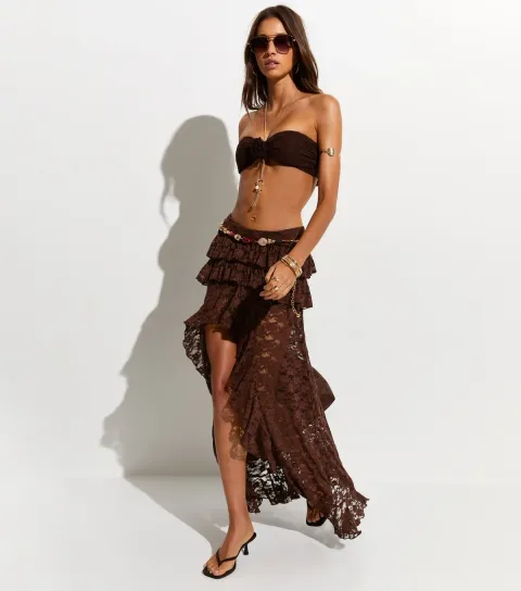 Women's Brown Ruffled Lace Dipped Hem Skirt