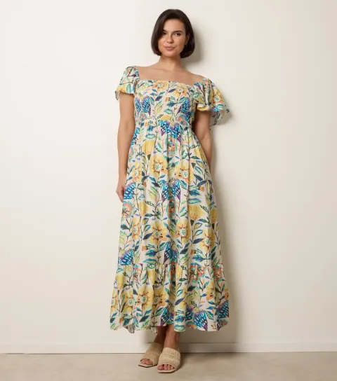 Women's Yellow Tropical Print Midi Dress