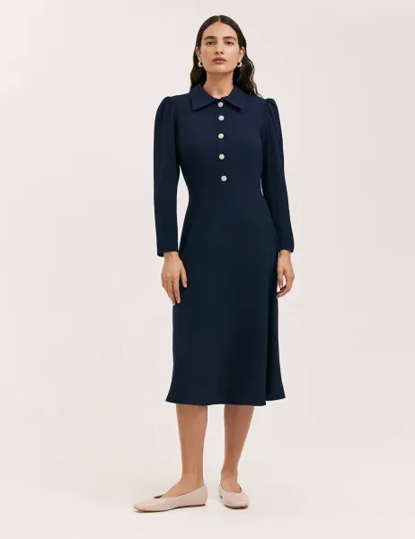 Finery London Crepe Button Front Midi Shirt Dress Navy