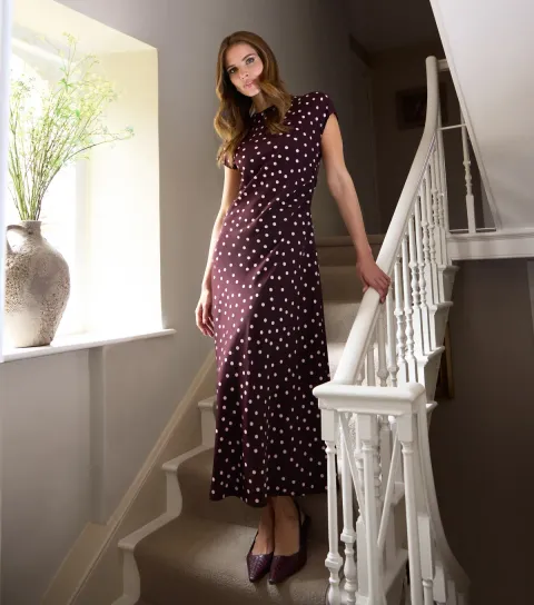 Women's Burgundy Polka Dot Midi Dress