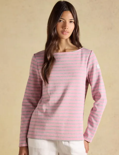 Joules Pure Cotton Striped Slash Neck Top Pink Mix