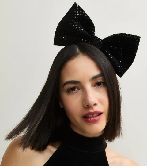 New Look Black Christmas Sequin Embellished Bow Headband