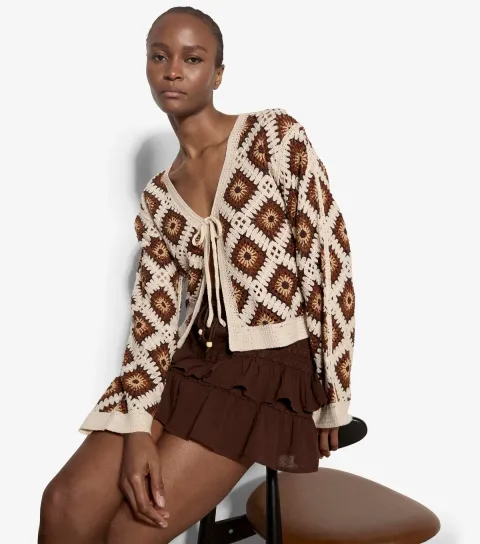 Women's Brown Patchwork Tie Front Cardigan