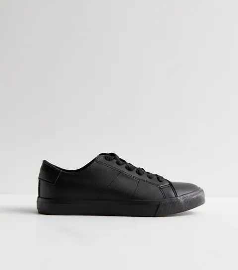 Women's Black Leather-Look Lace Up Trainers Vegan