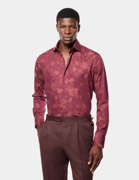 Hawes & Curtis Slim Fit Pure Cotton Floral Dress Shirt Burgundy