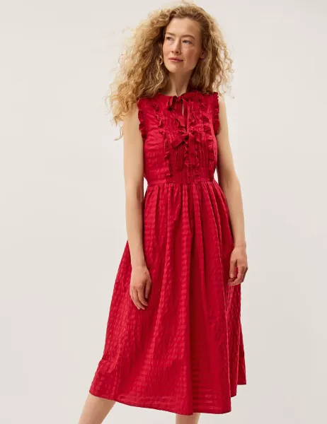 Monsoon Pure Cotton Gingham Tie Neck Midi Dress Red