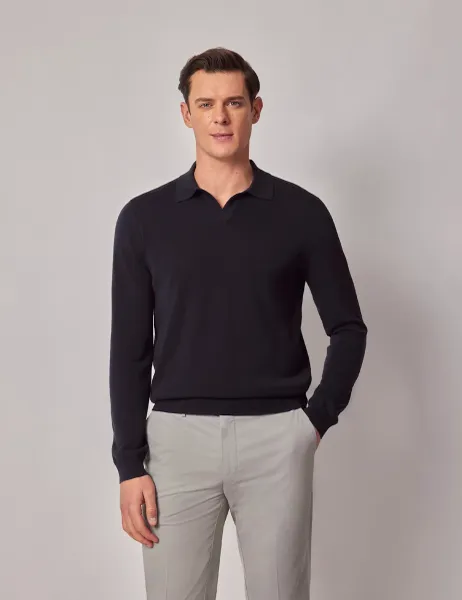 Hawes & Curtis Pure Cotton Open Neck Knitted Polo Shirt Dark Navy
