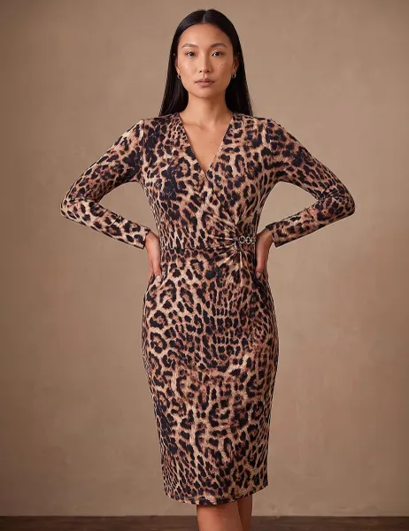 Roman Animal Print V Neck Chain Detail Gathered Dress Natural Mix