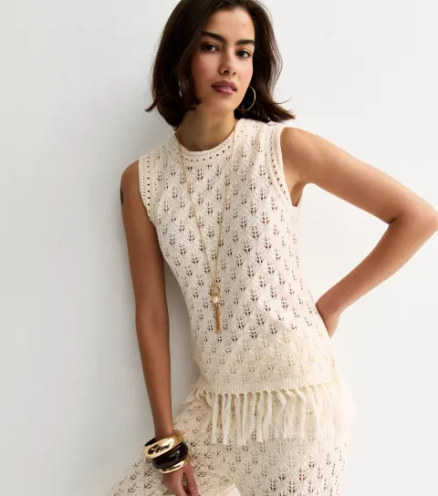 Women's Cream Cotton Rich Patterned Longline Tassel Vest