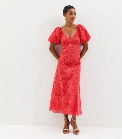 Women's Dark Coral Cutwork Tie Back Midi Dress