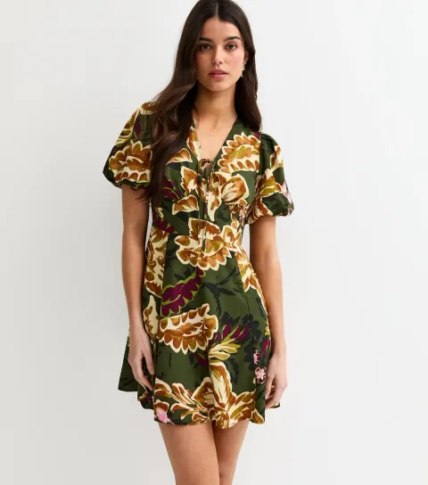 Women's Green Floral Tie Front Mini Dress