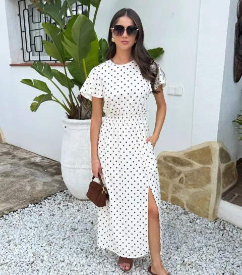 Women's Cream Polka Dot Flutter Sleeve Midi Dress