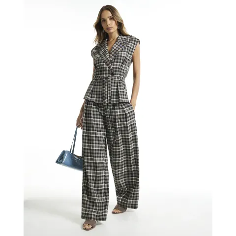 River Island Check Straight Wide Leg Trousers