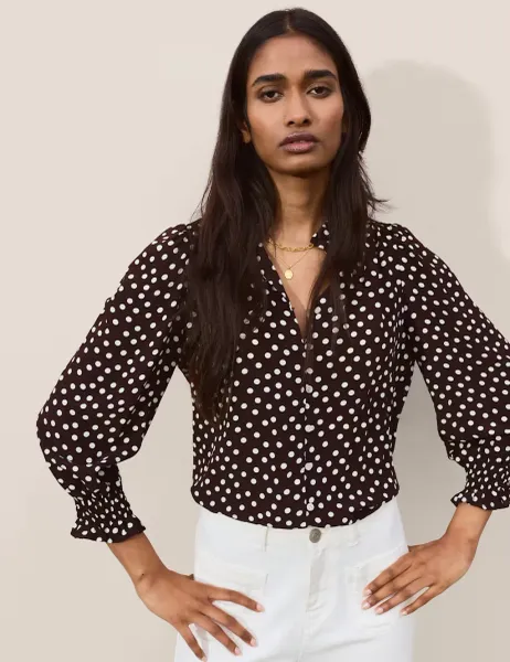 BAUKJEN Crepe Polka Dot Collared Puff Sleeve Blouse Brown Mix